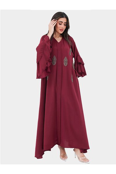 Elena by DStyle Ruffled Sleeve V-Neck Lace Detail A-Line Jalabiya