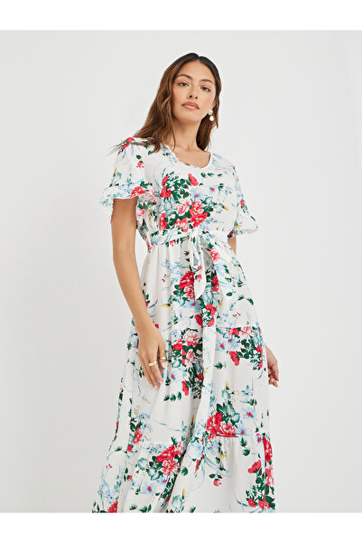 Take Two By Styli Women White Floral Print Ruffle Trim A-Line Midi Dress with Tie Waist