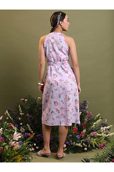 Vishudh By Styli Floral Printed Halter Neck A-Line Midi Dress with Belt