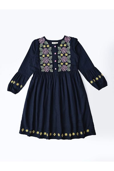 Bella Moda By Styli Embroidered 3/4 Sleeves Cotton Dress with Button Front