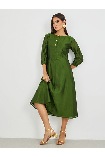 Maxim Creation By Styli Solid Round Neck A-Line Midi Dress with Button Detail