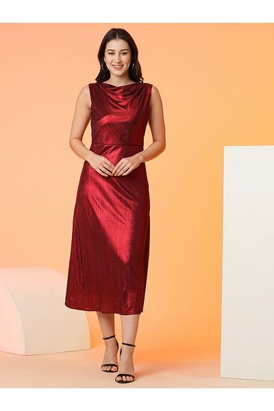 Globus By Styli Women Red Plain Cowl Neck Sheath Midi Dress