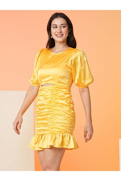Globus By Styli Women Yellow Solid Satin Ruched Sheath Mini Dress with Cut Out