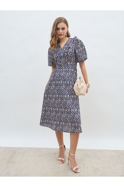 Styli All-Over Print V Neck A-Line Midi Dress with Ruffle Trim