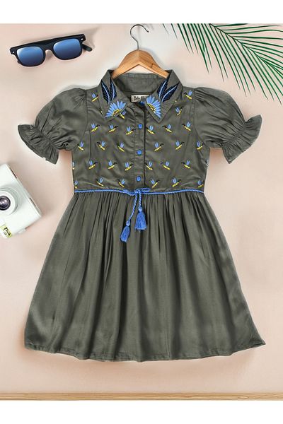 Bella Moda By Styli Embroidered Puff Sleeve Knee-Length Dress