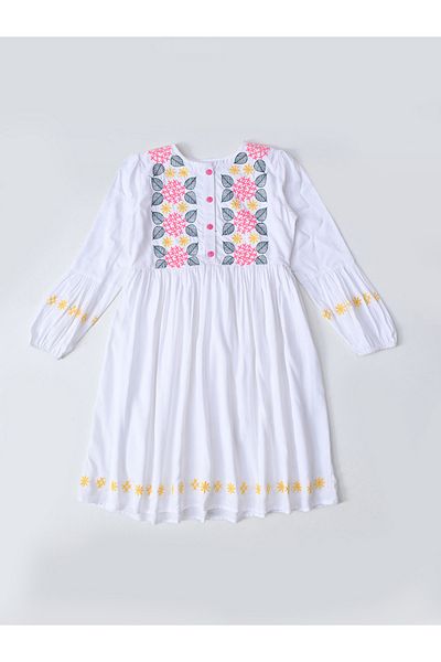 Bella Moda By Styli Embroidered 3/4 Sleeves Cotton Dress with Button Front