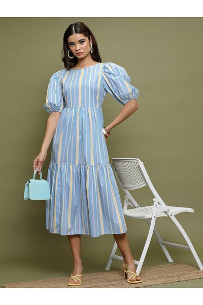 Vishudh By Styli Women Blue Striped Puff Sleeves A-Line Midi Dress
