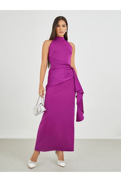 Styli Plain Halter Neck Sheath Maxi Dress with Drape Overlay