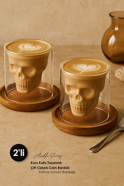 Anadolu Saray 2 Pcs Heat Resistant Borosilicate Double Walled Glass Cup with Skull Design Coffee Presentation Cup