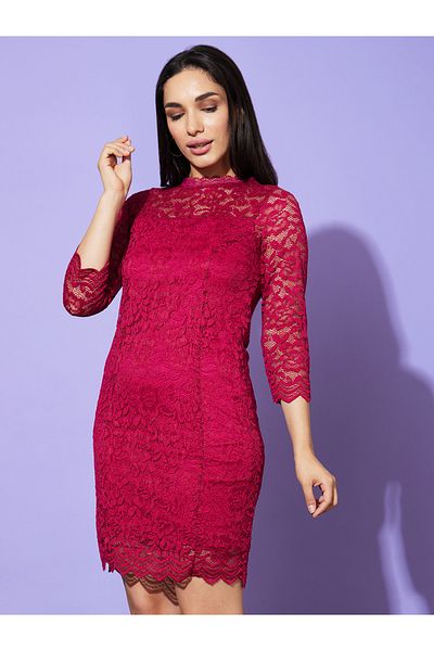 Globus By Styli Women Self Design Lace High Neck Sheath Mini Dress