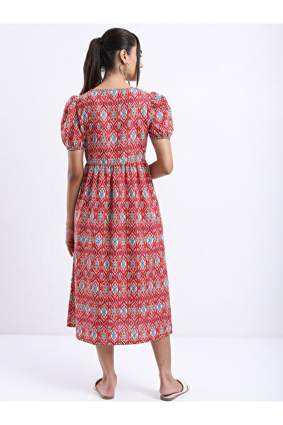 Vishudh By Styli Ethnic Motifs Printed Square Neck A-Line Midi Dress