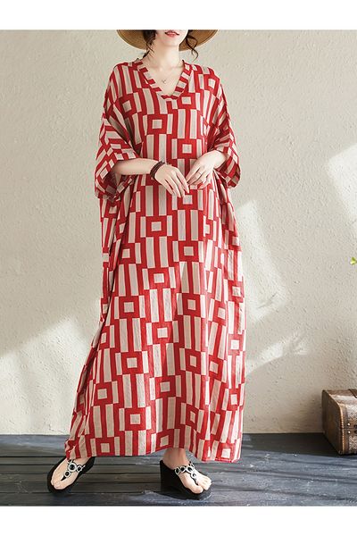 Take Two By Styli قفطان نسائي بأكمام قصيرة ورقبة على شكل حرف V وطبعة هندسية