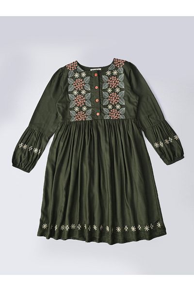 Bella Moda By Styli Embroidered 3/4 Sleeves Cotton Dress with Button Front