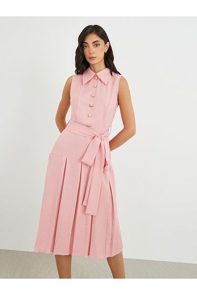 Styli Plain Sleeveless Pleated A-Line Midi Dress with Tie Waist