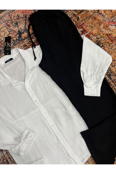 NO 601 Men's White Muslin Linen Blended Shirt & Muslin Black Pant Suit