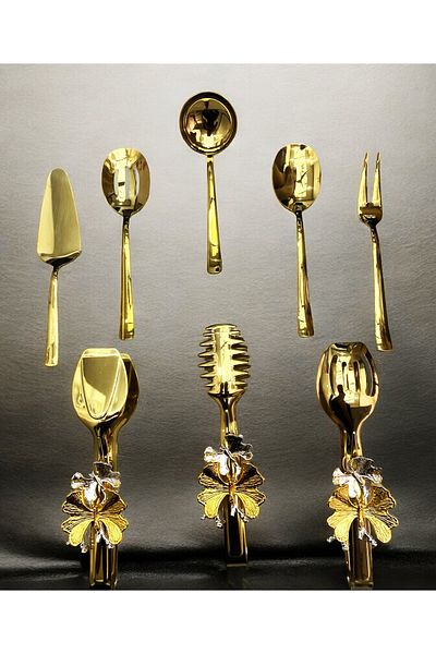 Aslı Hediyelik 8-Piece Stainless Steel Gold Colander, Ladle, Shovel, Fork, Spoon, Butterfly Tongs Serving Set, Dowry