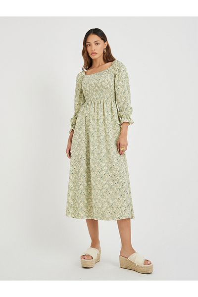 Take Two By Styli Women Green Floral Print Square Neck Smocked A-Line Midi Dress