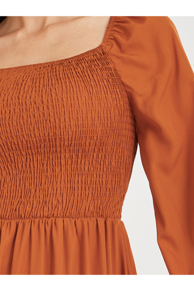 Take Two By Styli Women Rust Solid Square Neck Smocked A-Line Midi Dress