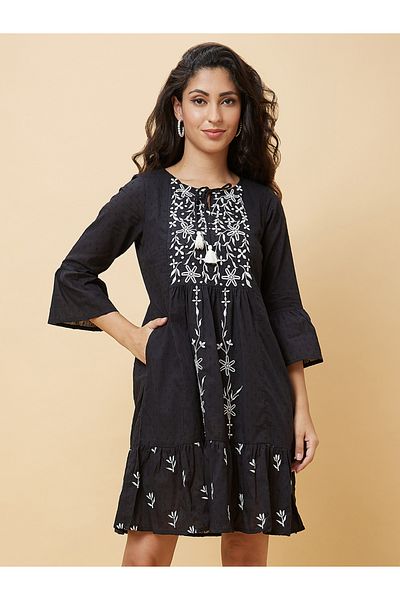 Globus By Styli Women Black Embroidered Tie-Up Neck A-Line Mini Dress