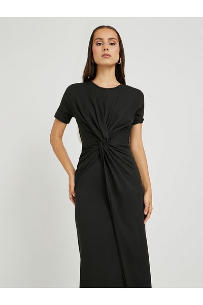 Styli Solid Round Neck Front Twist Detail Midi Dress