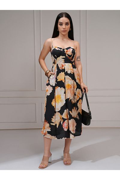 Vishudh By Styli Floral Print Pleated Strappy A-Line Midi Dress
