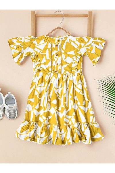 Bella Moda By Styli Abstract Print Short SleeveÂ Cotton Dress with Ruffle Trim