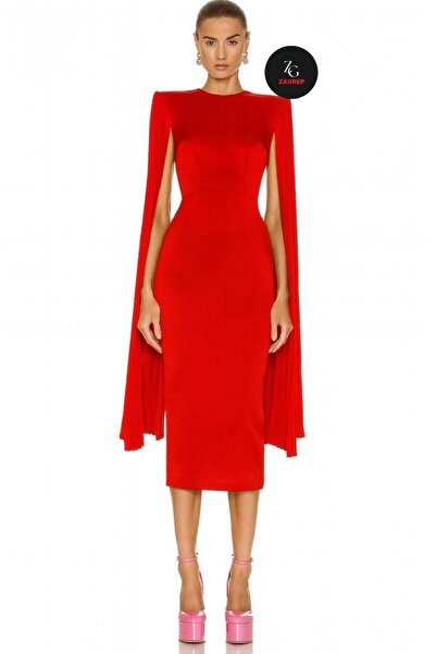 Zagrep Women's Red Cape Sleeve Padded Slit Lined Midi Dress