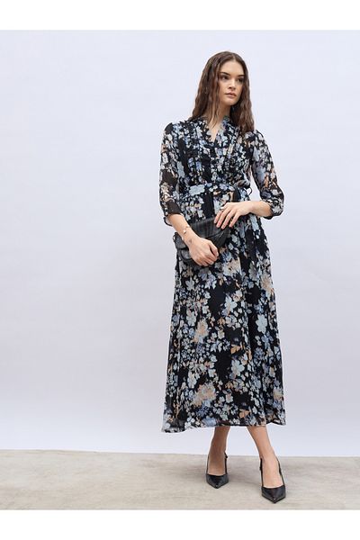 Styli Mandarin Collar Floral Print Maxi Dress