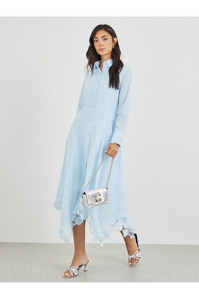 Styli Solid Lace Insert Long Sleeves Shirt Midi Dress