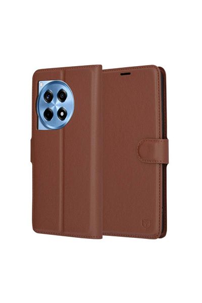 SKYDDAR INNOVATION Husă pentru OnePlus 12R, piele tip folio, portofel interior, finisaje premium, set de stickere, maro