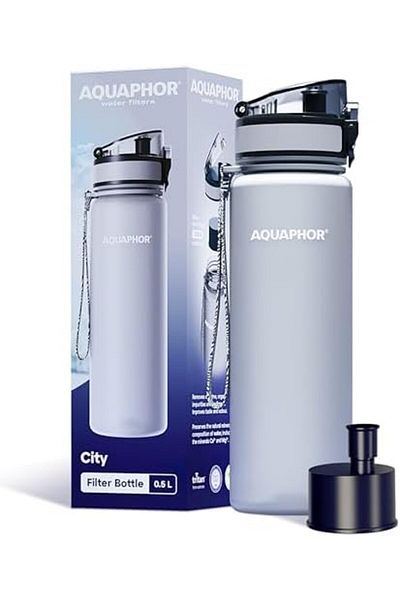 Aquaphor City Bottle 500ml Grey | Travel Water Bottle with Activated Carbon Filter | Filters Chlorin