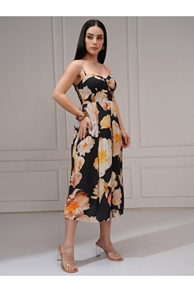 Vishudh By Styli Floral Print Pleated Strappy A-Line Midi Dress