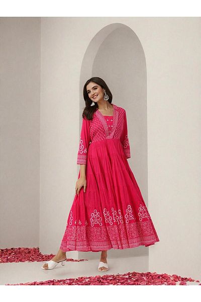 Ishin By Styli Women Pink Printed 3/4 Sleeves Cotton A-Line Midi Dress