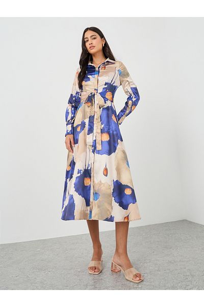 Styli Printed Long Sleeve Shirt Midi Dress