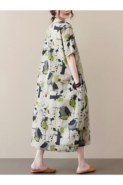 Take Two By Styli Printed Round Neck Short Sleeve Midi Dress