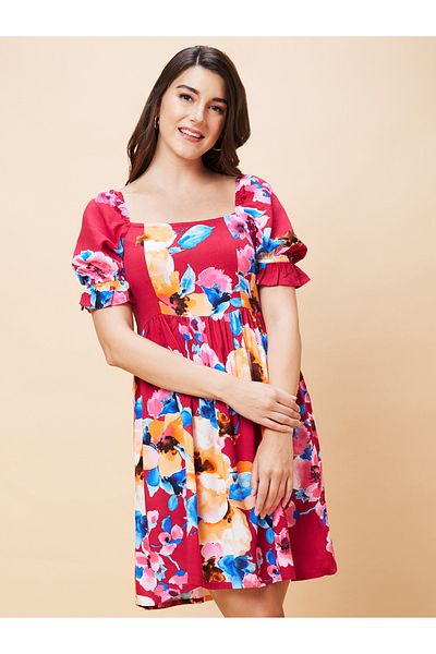 Globus By Styli Women Floral Printed Puff Sleeves A-Line Mini Dress with Smocked Back
