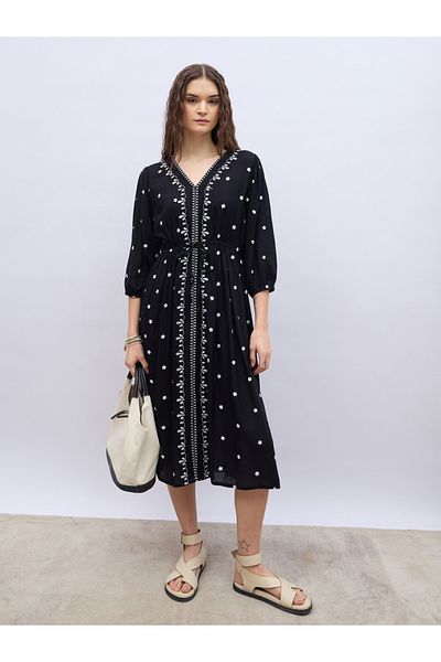 Styli Embroidered Balloon Sleeve A-Line Midi Dress