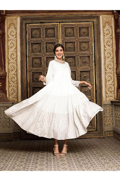 Ishin By Styli Women White Self Design Cotton A-Line Midi Dress