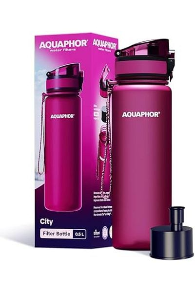 Aquaphor زجاجة مياه سيتي ٥٠٠ مل حمراء | زجاجة مياه سفر مع فلتر كربون نشط | فلتر كلور