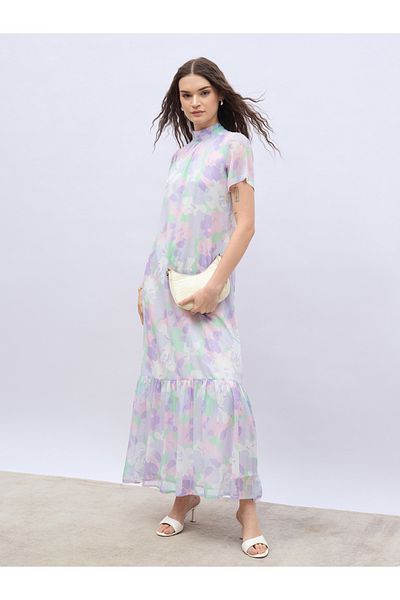 Styli Printed High Neck Short Sleeve Maxi Dress