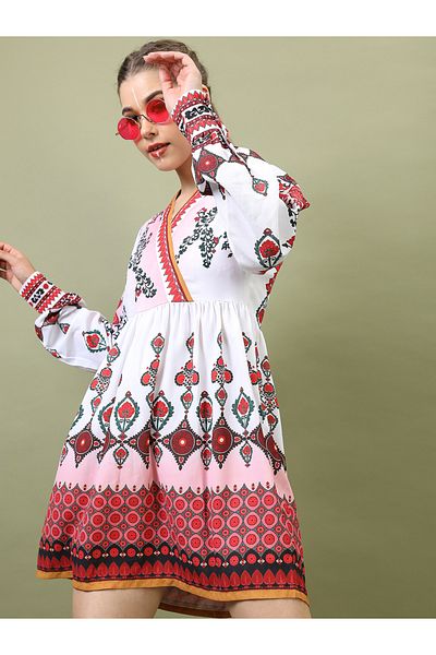 Vishudh By Styli Printed V Neck A-Line Mini Dress
