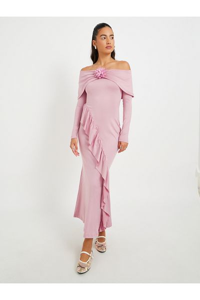 Styli Solid Off Shoulder Mermaid Maxi Dress with Corsage Detail