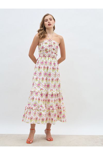 Styli All-Over Print Halter Neck Tiered Maxi Dress