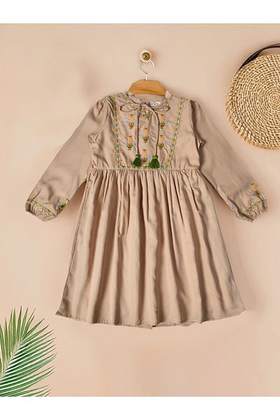 Bella Moda By Styli Embroidered Tie-Up Neck Knee-Length Dress