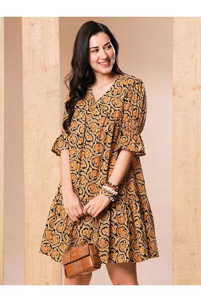 Globus By Styli Women Mustard Paisley Printed V Neck A-Line Mini Dress