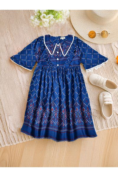Bella Moda By Styli All-Over Print Lace Trim Cotton Dress with 3/4 Sleeves