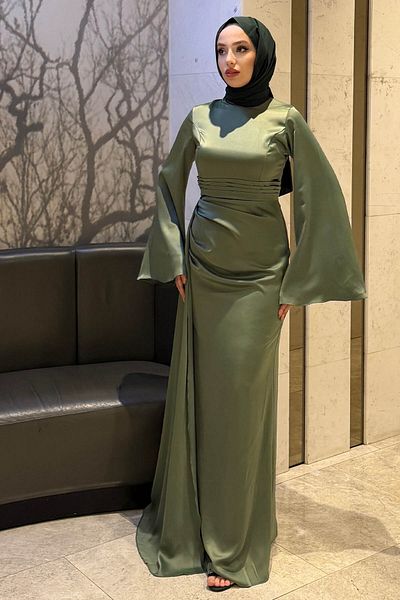 Tesettür Diyarı Γυναικείο βραδινό φόρεμα Arabella Cape Satin Fish-Πράσινο Μέντα