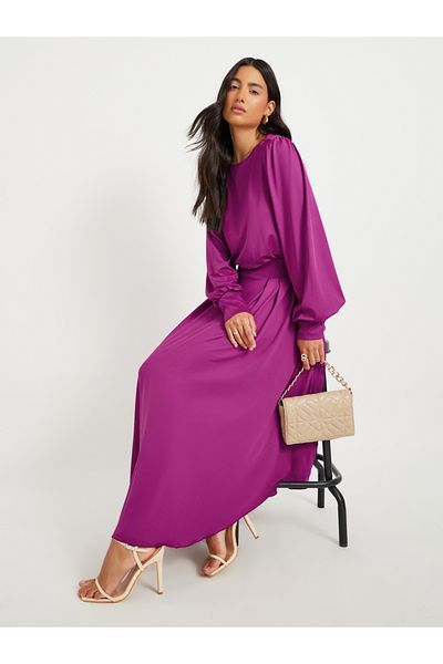 Styli Women Purple Solid Pleated Asymmetric Hem A-Line Midi Dress
