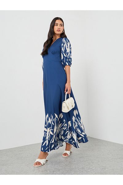 Styli Printed Balloon Sleeves A-Line Maxi Dress