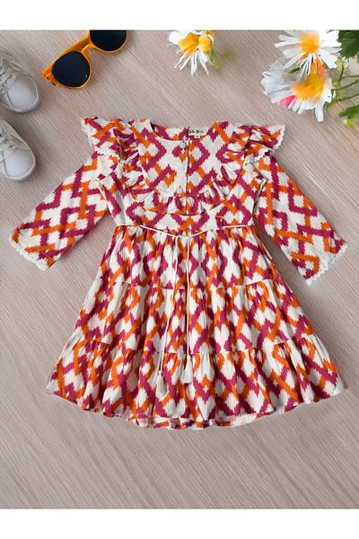 Bella Moda By Styli All-Over Print Ruffle Trim Tiered Dress with 3/4 Sleeves
